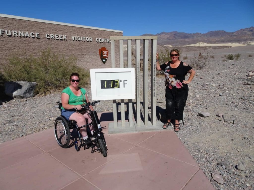 Kim is using a motorised wheelchair attachment to explore the deserts of California