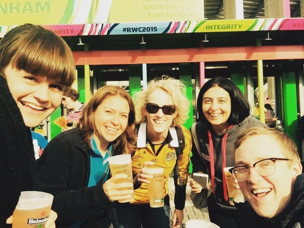 Ali in the center with our outreach and support coordinator Luke and a few others enjoying a drink at the rugby world cup