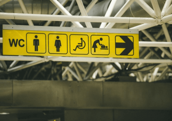 a disabled bathroom sign along with several other "WC" signs