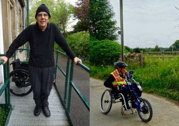 A photo of John standing on a ramp, and one of him handcycling in the countryside - featured image from his Independence over time story