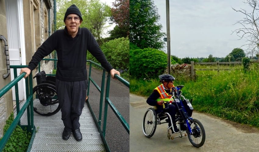 A photo of John standing on a ramp, and one of him handcycling in the countryside - featured image from his Independence over time story