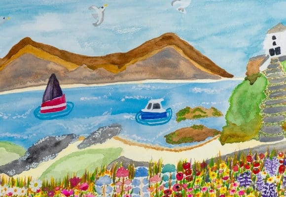 A watercolour painting of a seaside landscape by Rachel Smith The Wonky Artist