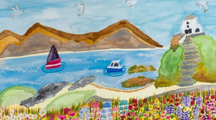 A watercolour painting of a seaside landscape by Rachel Smith The Wonky Artist