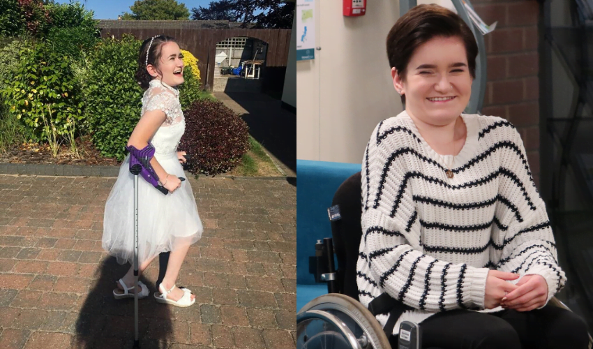 Daisy, a young person with an incomplete spinal cord injury who uses both a walking stick and a wheelchair to get around