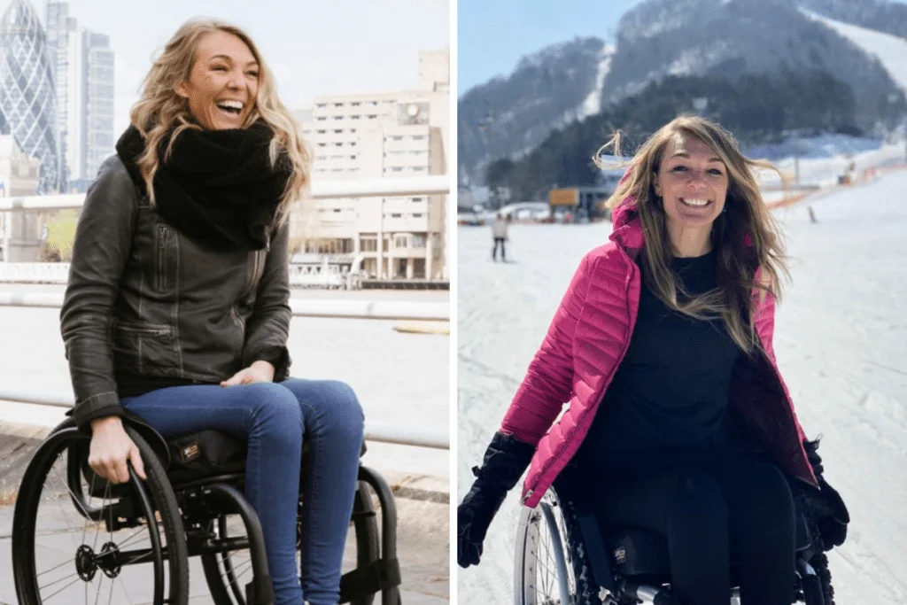 A pair of photos of our patron and Heels for Wheels creator Sophie Morgan living life to the full 