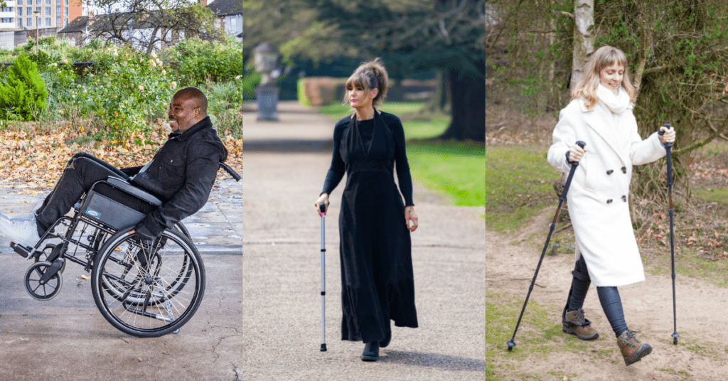 three people with an incomplete spinal cord injury - two who can walk with aids, and one wheelchair user