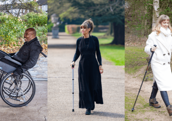 three people with an incomplete spinal cord injury - two who can walk with aids, and one wheelchair user