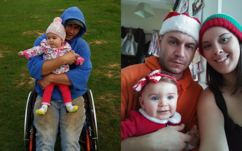 Photo of Matt with his family on right, and using his wheelchair in the park with his daughter on the left