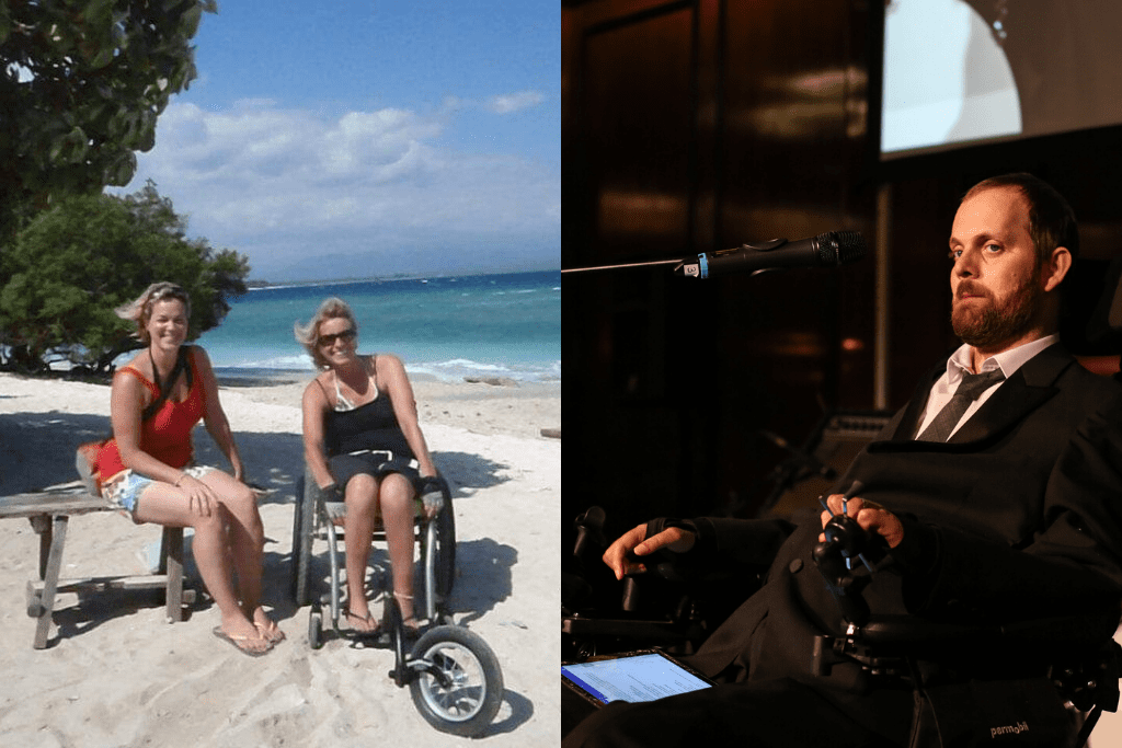 A photo of Melissa on a beach with her Personal Assistant, and Dom speaking at our annual City Dinner