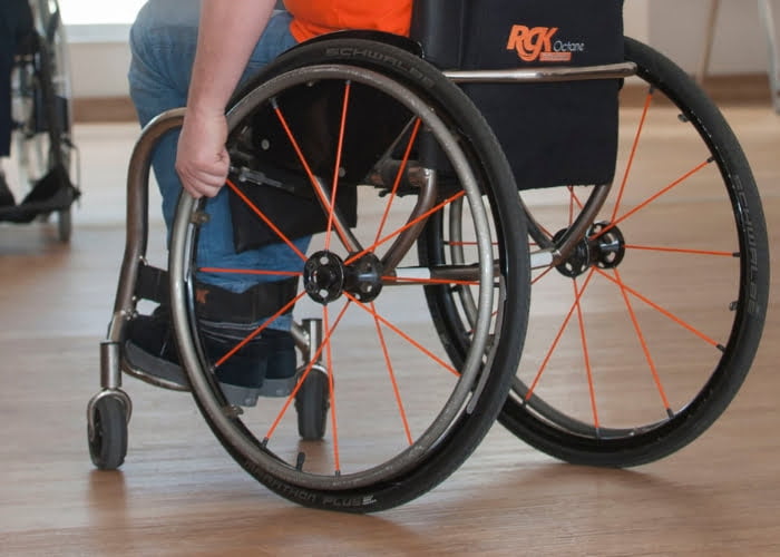 A close-up photo of a Back Up wheelchair skill trainer's chair
