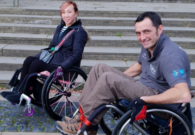 Rhys, our recent winner of our Golden Caster Award, teaching some wheelchair skills.