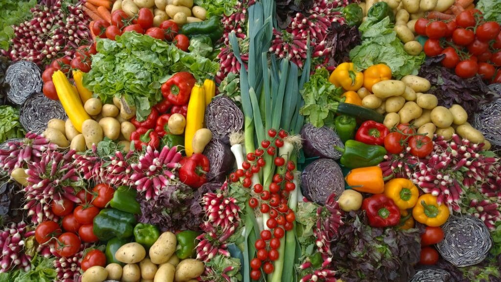 a selection of colourful vegetables, which may make bladder and bowel care easier as part of a healthy diet.