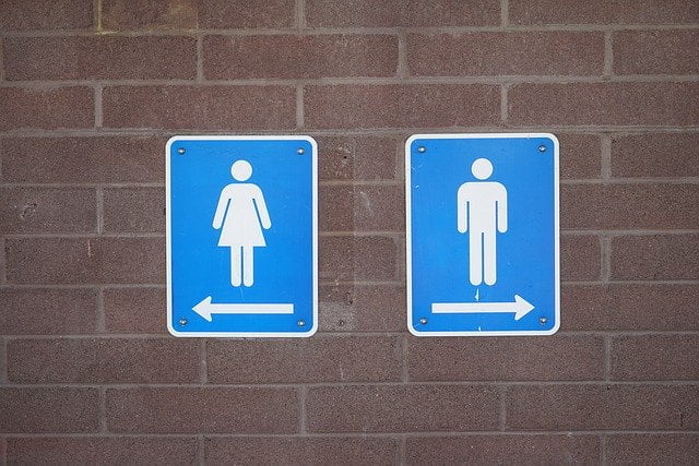 A wall with two bathroom signs 