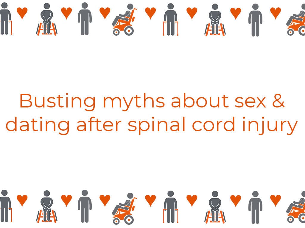 Drawings of different people with spinal cord injury surround the words "Busting myths about sex & dating after spinal cord injury"